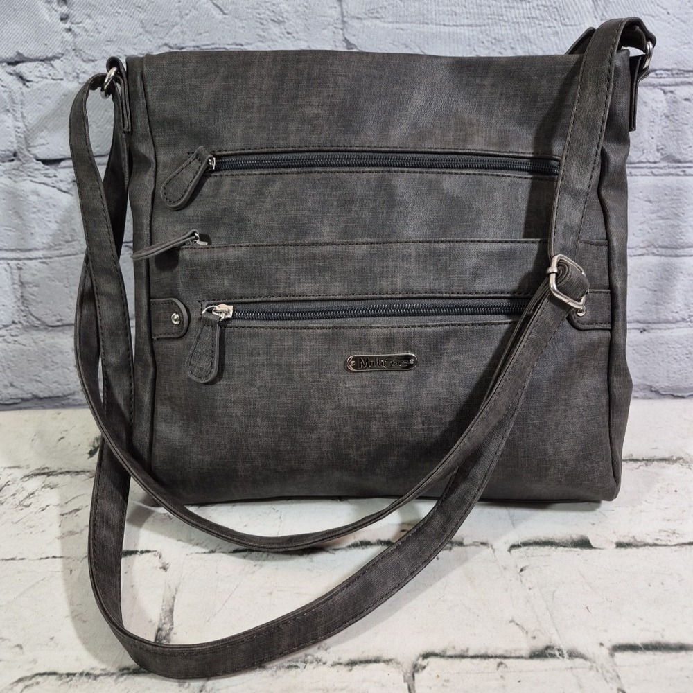 MultiSac Lorraine Crossbody Bag Gray‎ Faux Leather Purse Multi-Pocket Handbag